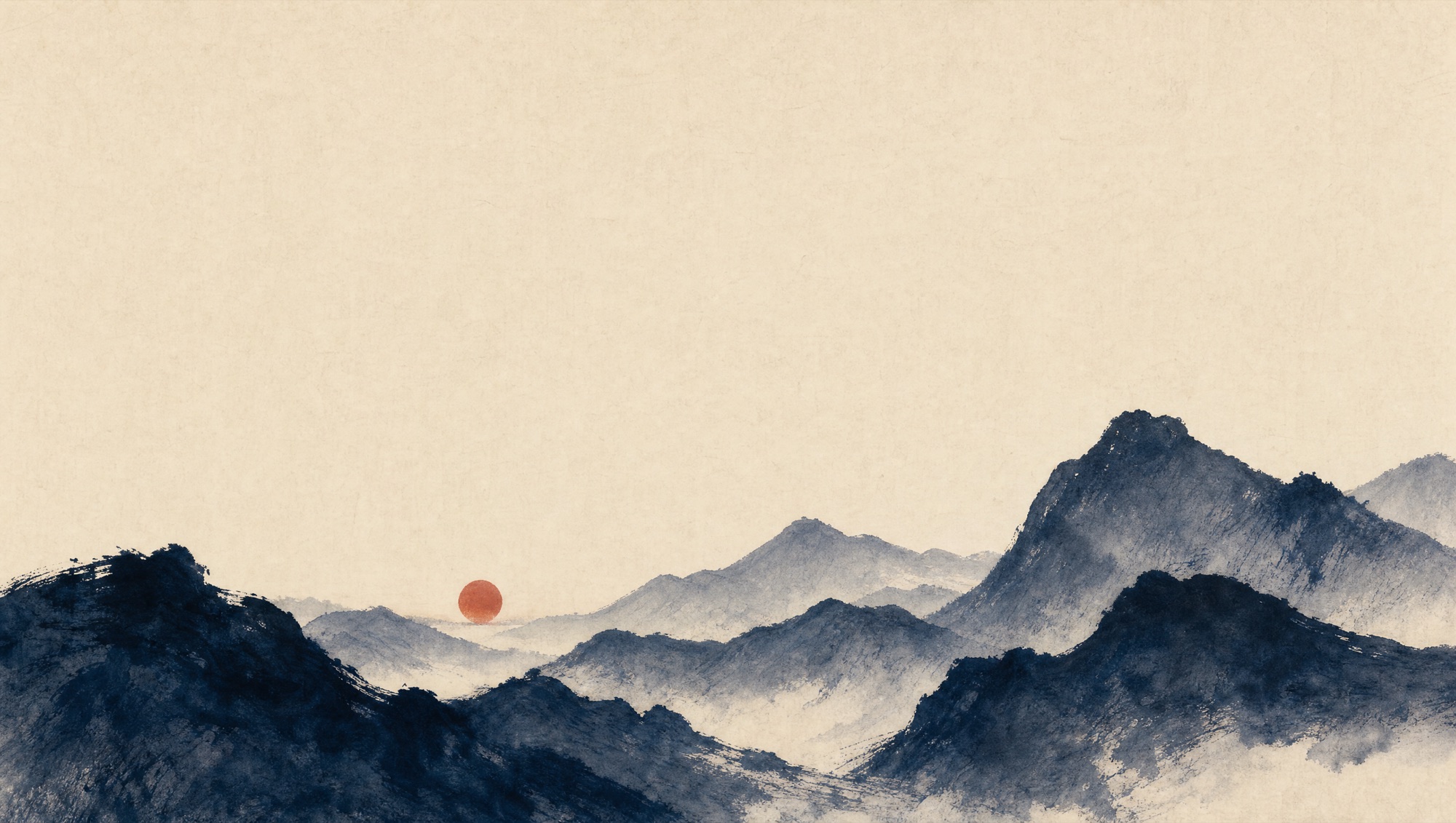 Indigo ink-wash mountains on washi paper; a small vermilion sun low on the horizon.