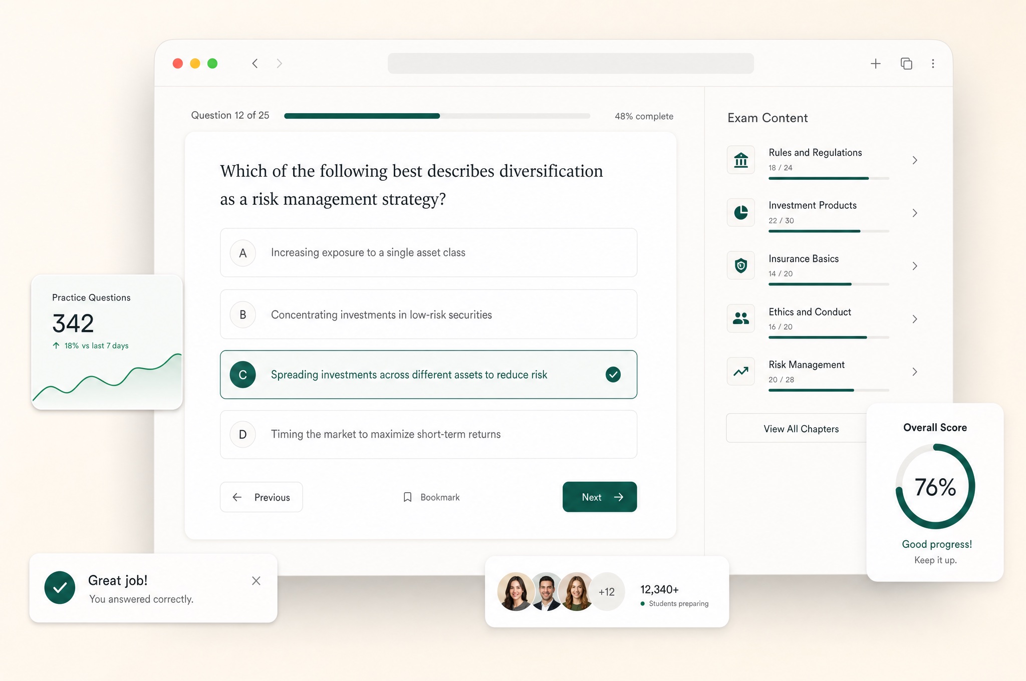 Illustrative exam practice interface: a multiple-choice question with a selected answer, chapter progress list and overall score ring