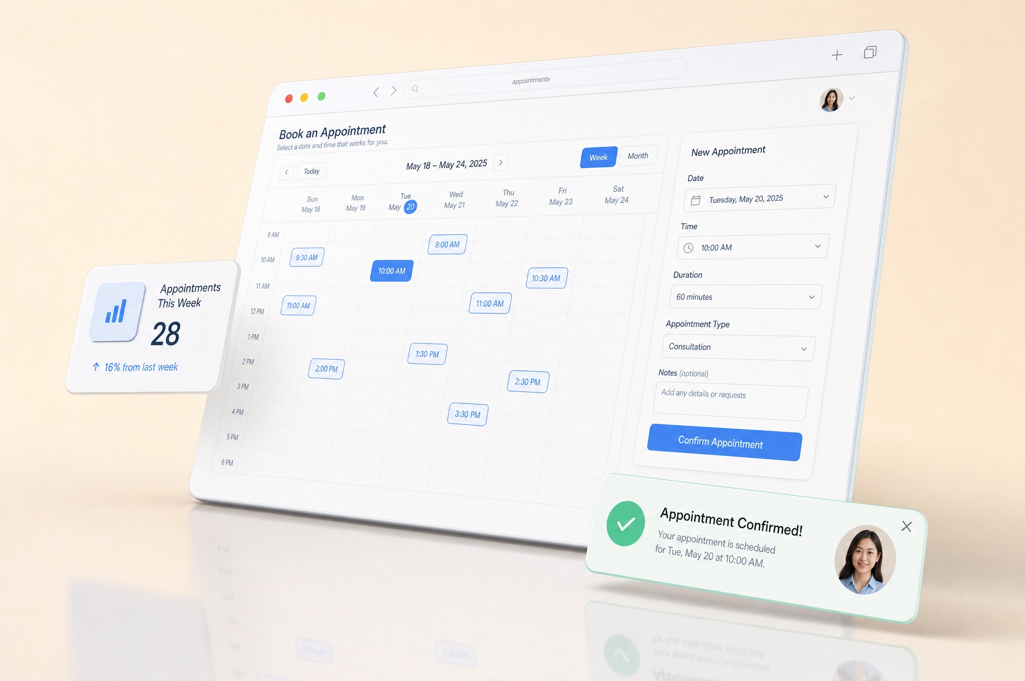 Illustrative booking interface: a weekly calendar with open time slots, a new-appointment panel and a confirmed-booking notification